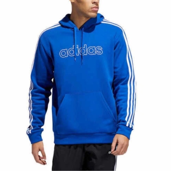 Adidas Men’s 3 Stripes Fleece Pullover Hoodie Size L Blue/White Sweatshirt - Picture 1 of 8